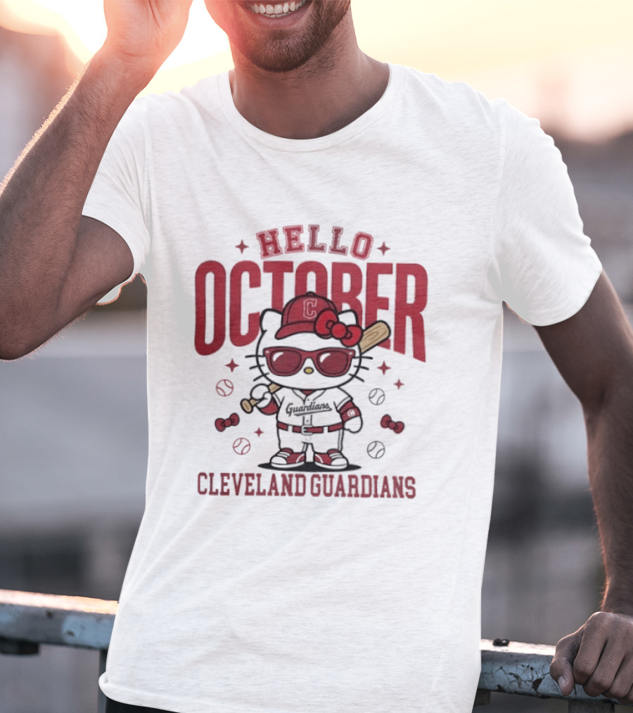 Hello Kitty Cleveland Guardians Hello October Baseball Player Cartoon T-Shirt