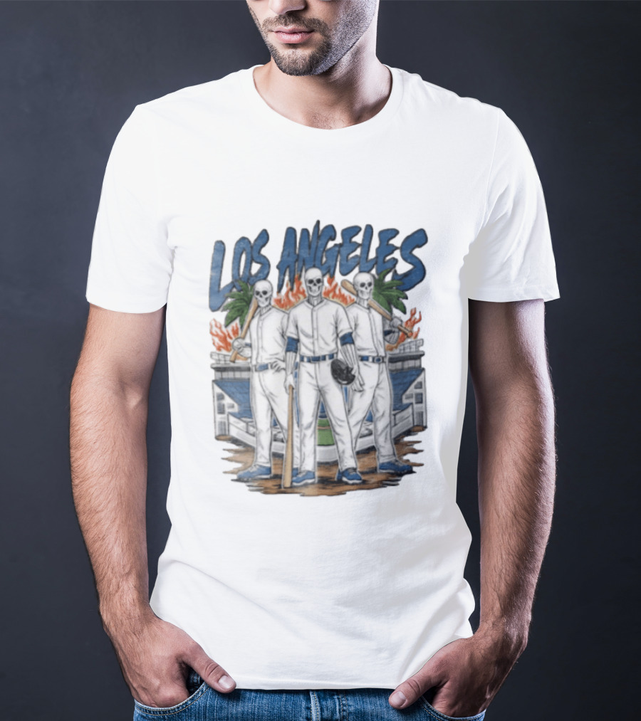 Los Angeles Skeleton Baseball Players Stadium Flames Palms T-Shirt