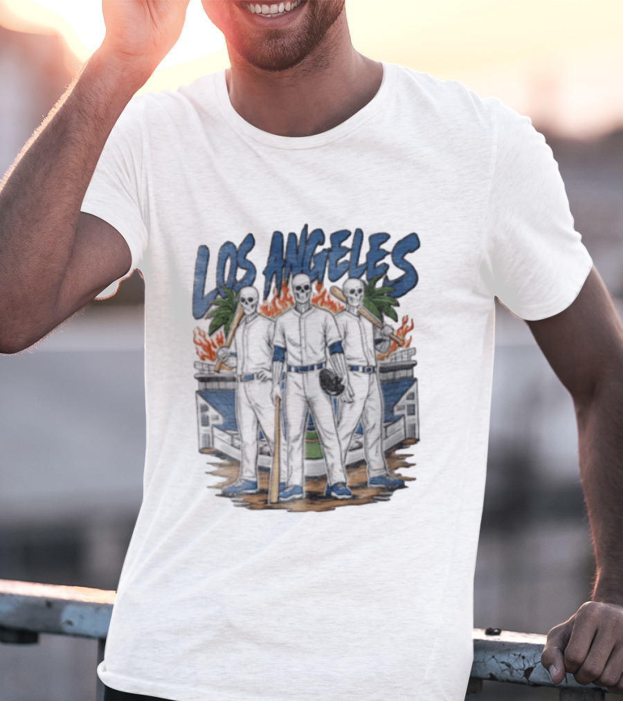 Los Angeles Skeleton Baseball Players Stadium Flames Palms T-Shirt