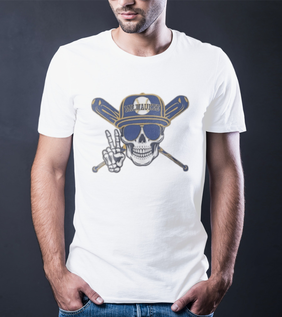 Milwaukee Brewers Skull Cap Sunglasses Peace Sign Baseball Bats T-Shirt