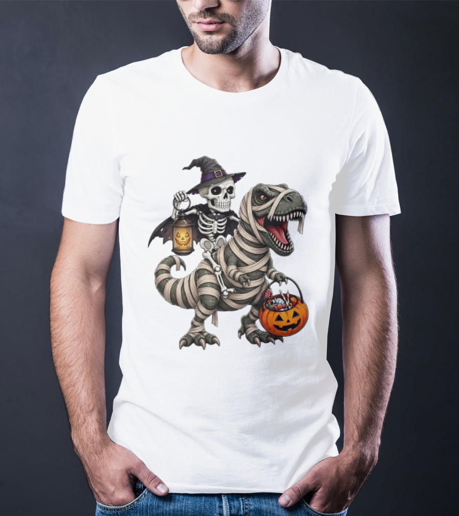 Halloween Skeleton Witch On Mummy Rex With Pumpkin Candy Bucket T-Shirt