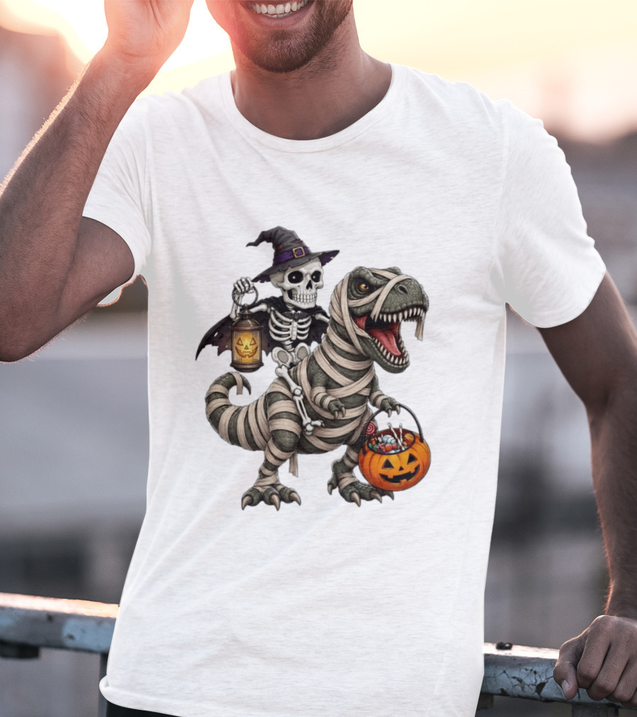 Halloween Skeleton Witch On Mummy Rex With Pumpkin Candy Bucket T-Shirt