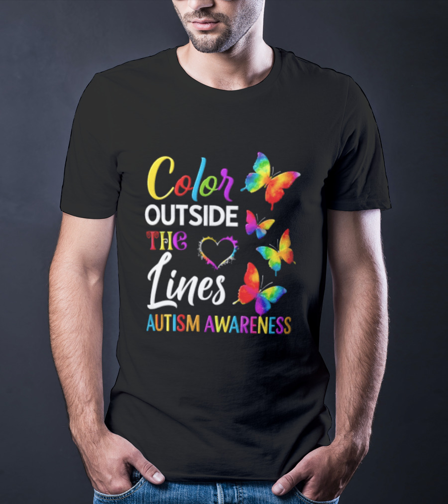 Color Outside The Lines Heart And Butterflies Autism Awareness T-Shirt