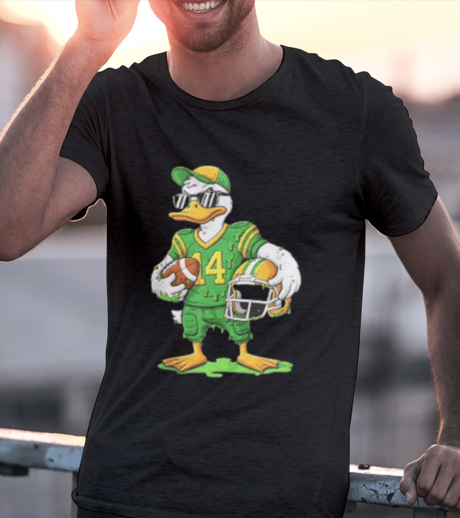 Duck With Sunglasses In Green Football Uniform Holding Helmet And Ball T-Shirt