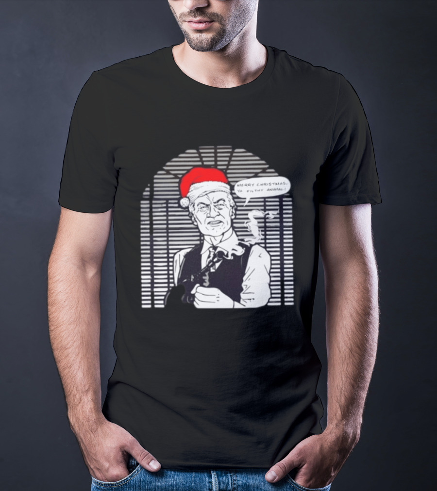 Joe Pesci Merry Christmas Ya Filthy Animal Home Alone Christmas Hat Smoking Gun Scene T-Shirt