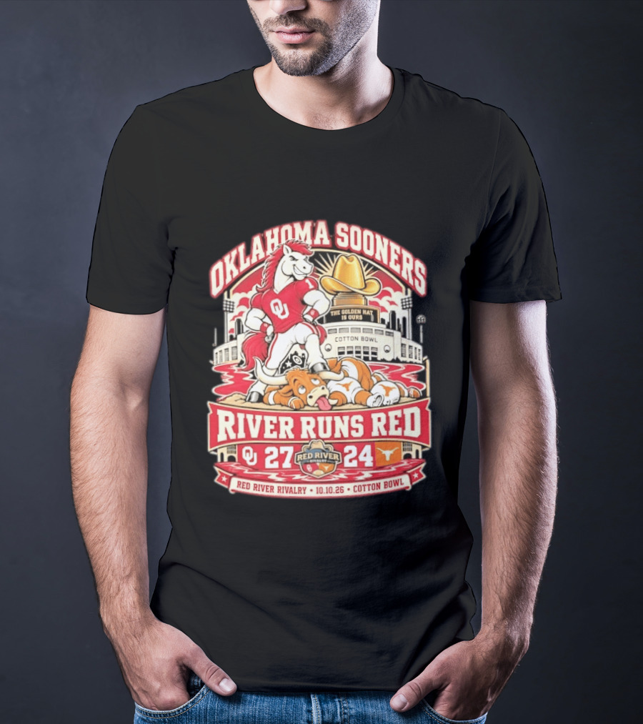 Oklahoma Sooners River Runs Red 27 24 Golden Hat Rivalry Cotton Bowl 10.10.26 T-Shirt