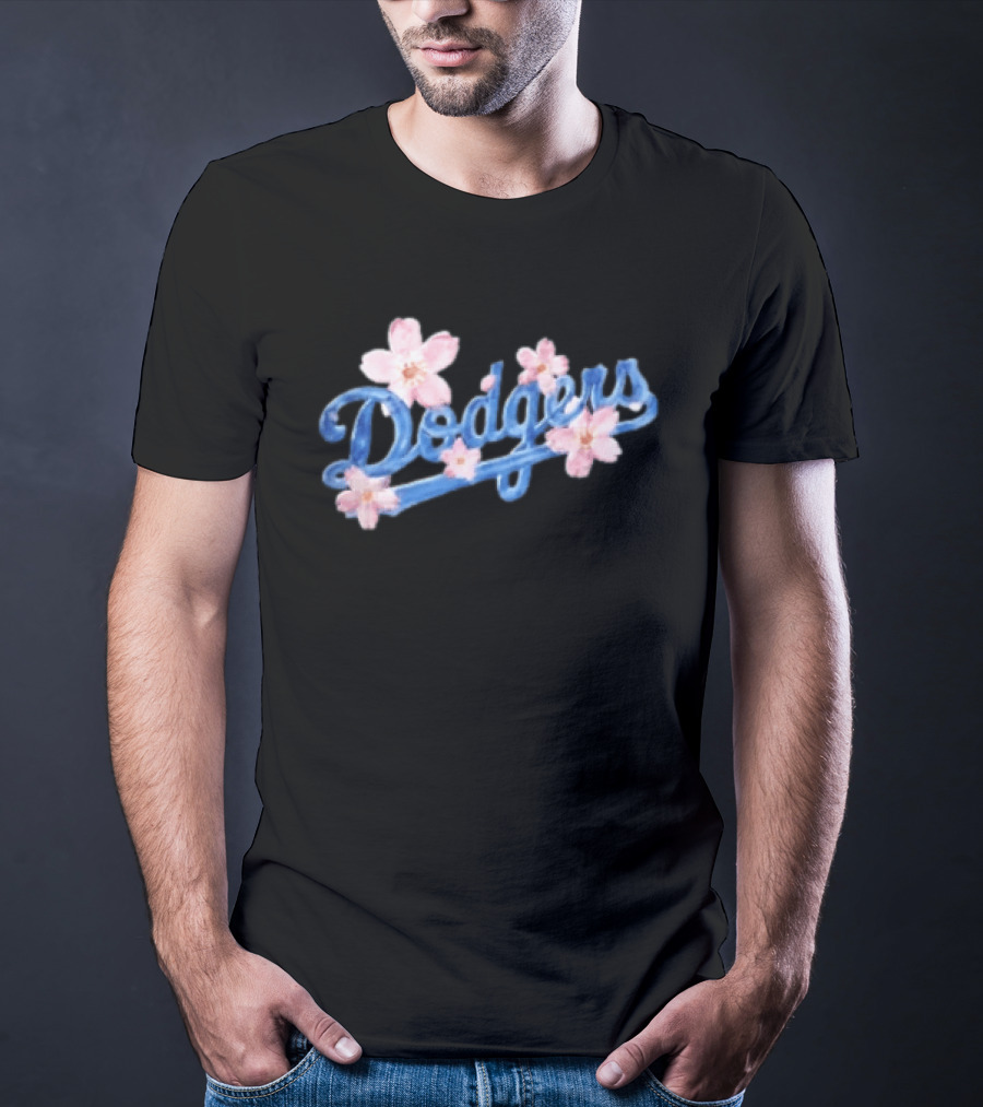 Los Angeles Dodgers Blue Script Pink Flowers T-Shirt