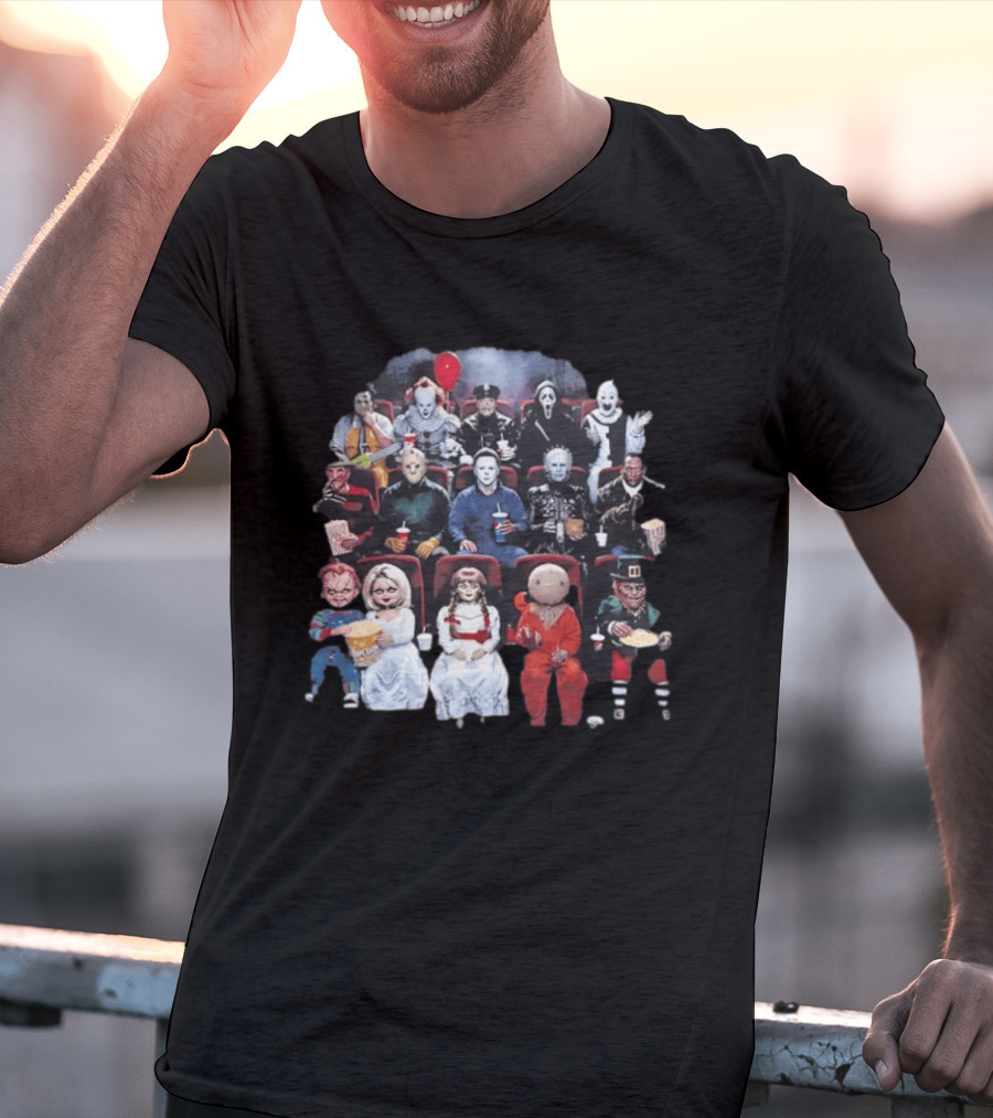 Horror Movie Characters In Cinema Seating With Popcorn And Drinks T-Shirt