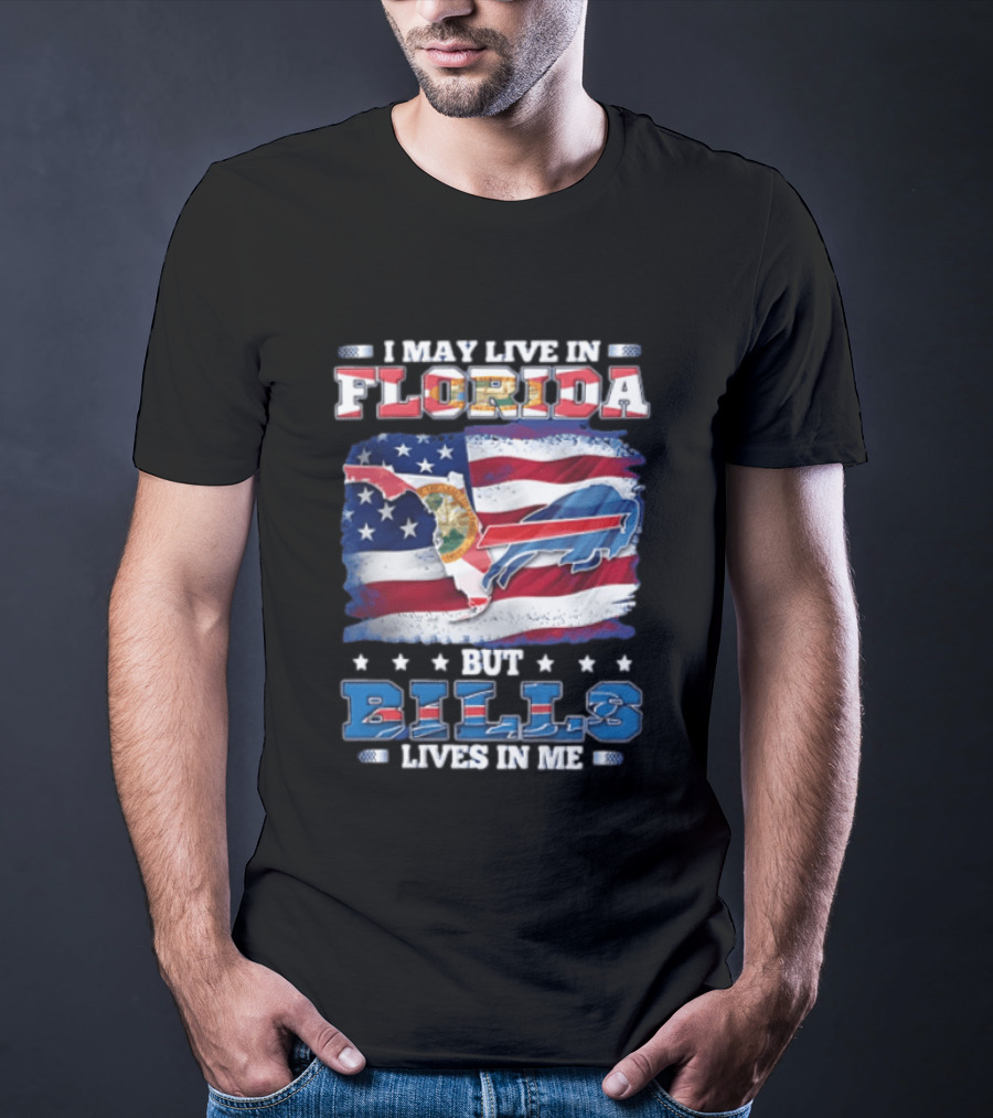 I May Live In Florida But Bills Lives In Me Buffalo Bills Flag Map T-Shirt