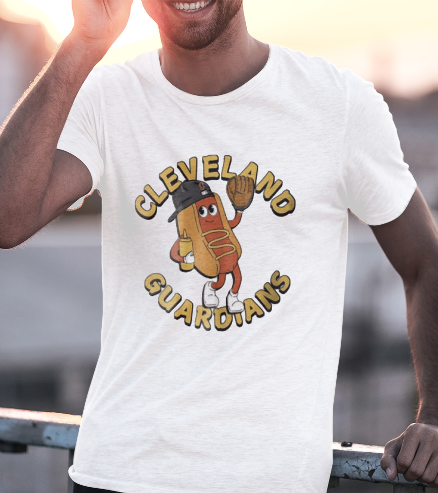 Cleveland Guardians Hot Dog Baseball Mascot Mustard Glove T-Shirt