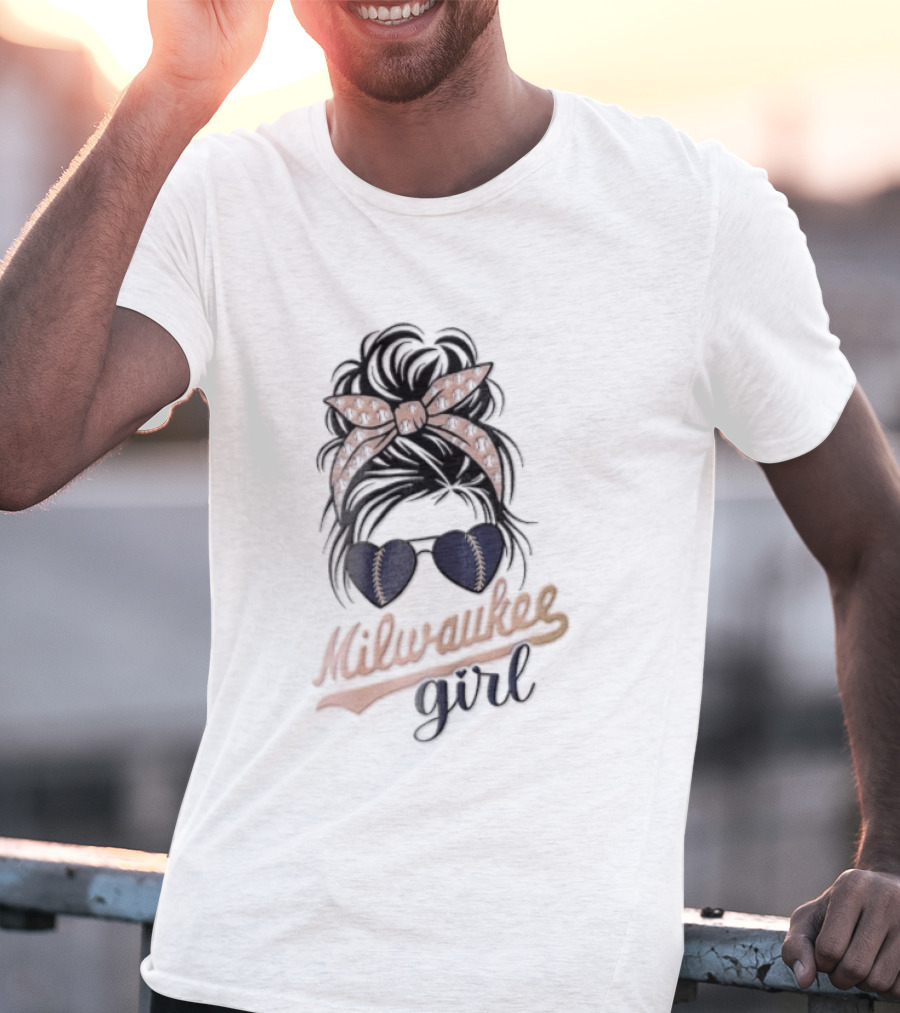 Milwaukee Girl Messy Bun Baseball Headband Sunglasses T-Shirt