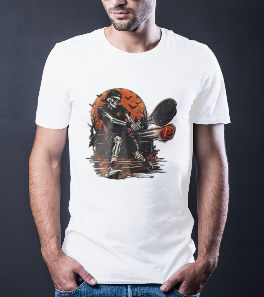 Halloween Skeleton Tennis Player With Pumpkin Ball And Full Moon T-Shirt