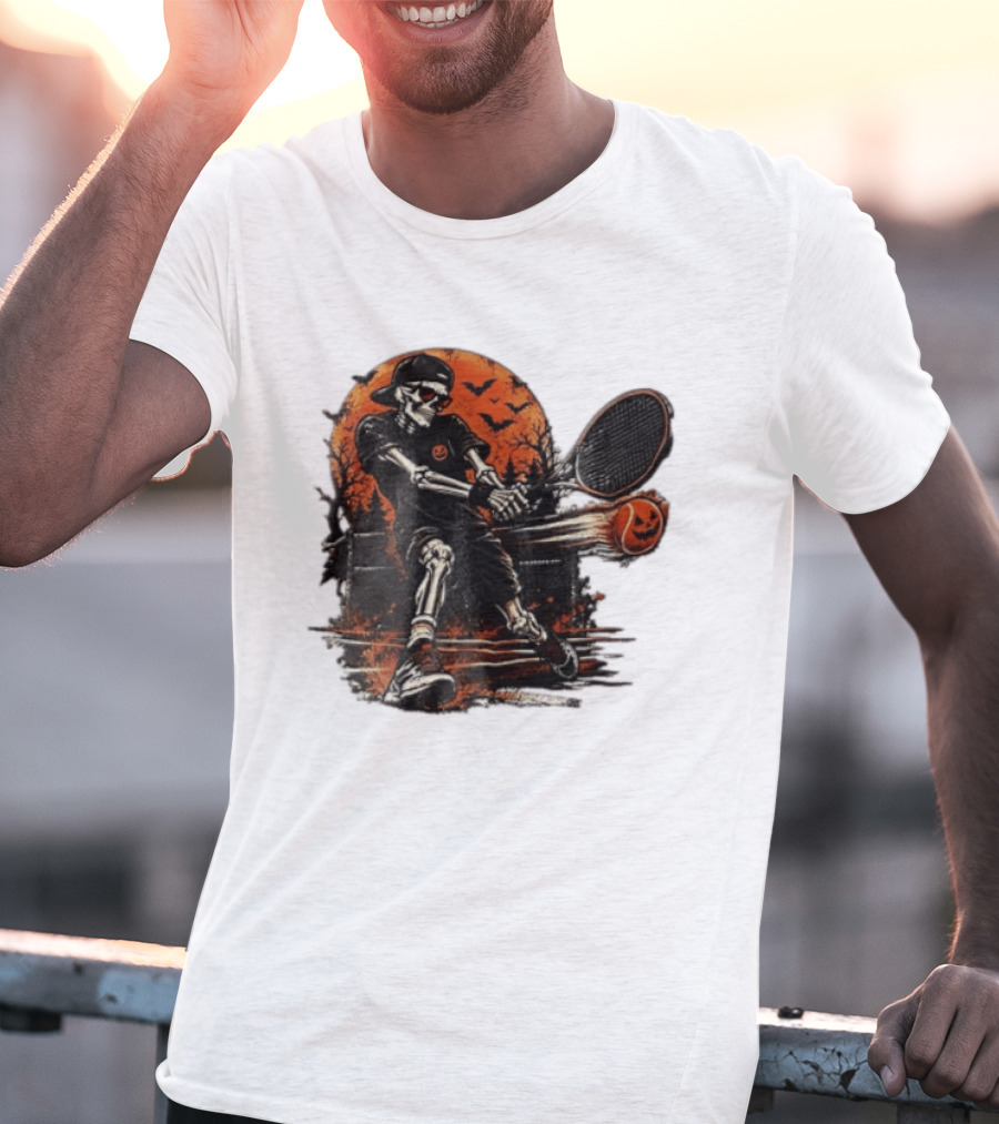 Halloween Skeleton Tennis Player With Pumpkin Ball And Full Moon T-Shirt