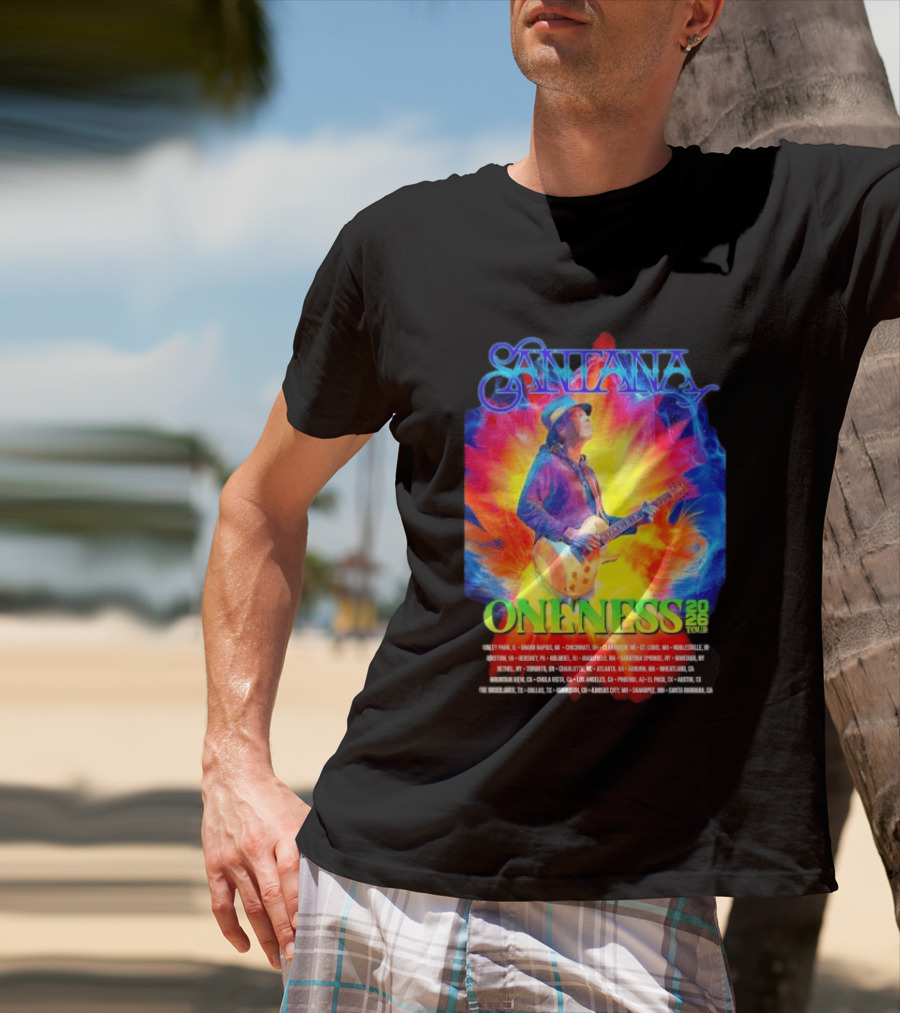 Santana Oneness 2026 Tour Carlos Santana Fire And Ice Tinley Park IL To Santa Barbara CA T-Shirt