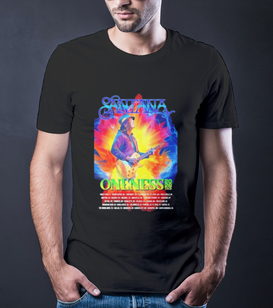 Santana Oneness 2026 Tour Carlos Santana Fire And Ice Tinley Park IL To Santa Barbara CA T-Shirt