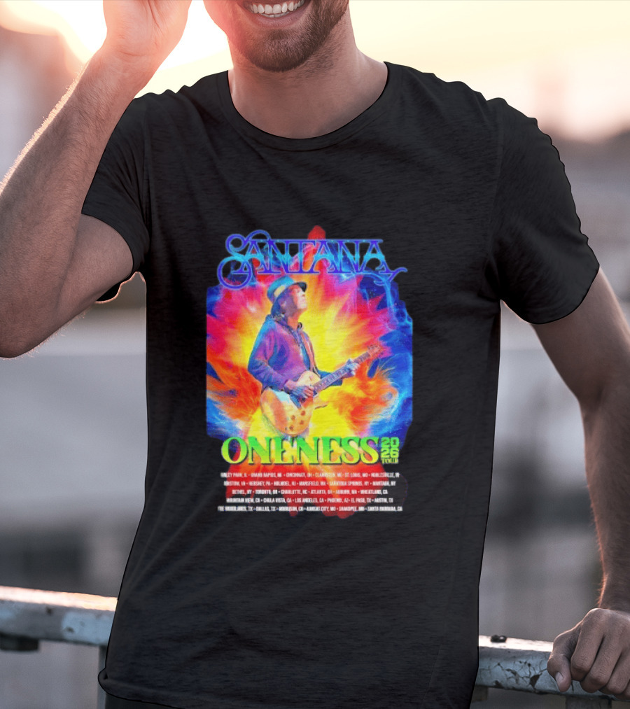 Santana Oneness 2026 Tour Carlos Santana Fire And Ice Tinley Park IL To Santa Barbara CA T-Shirt