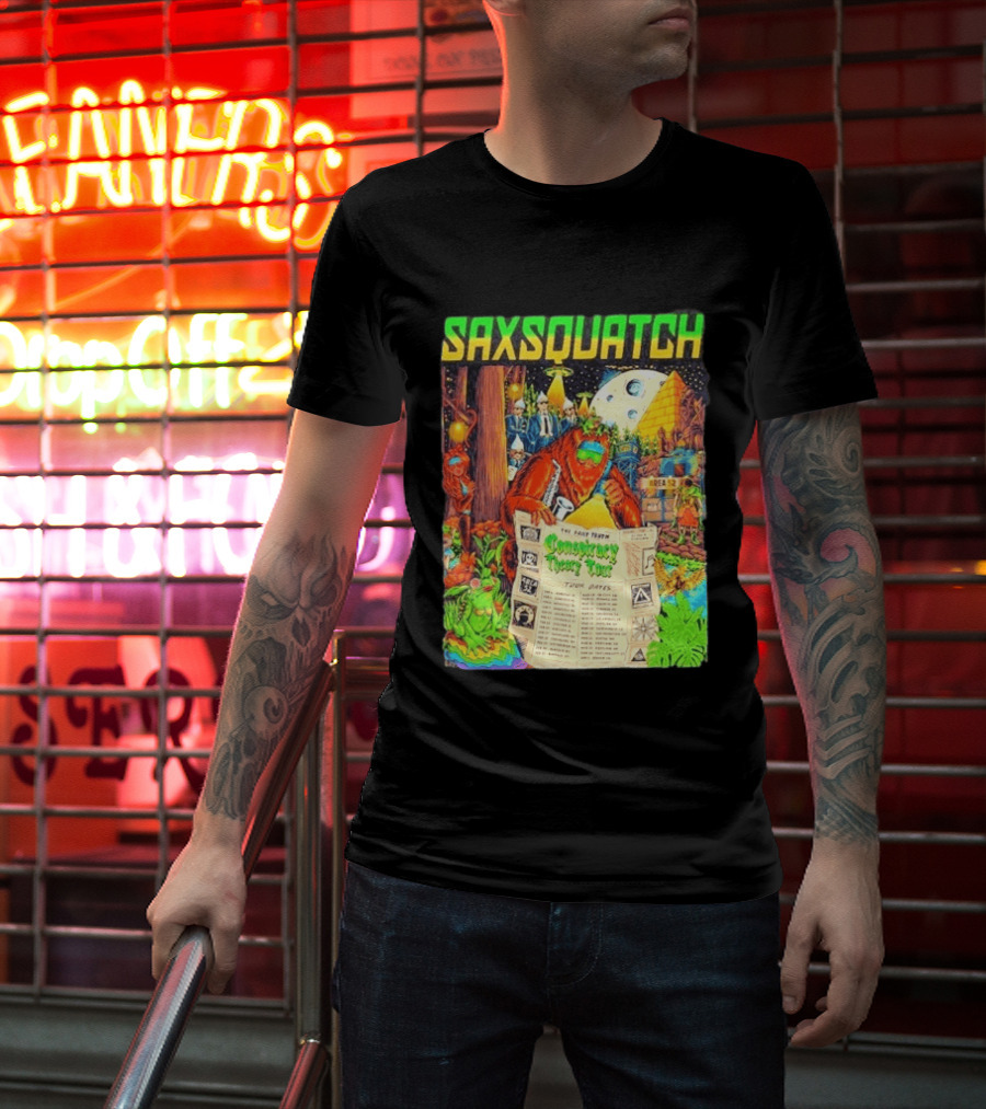 Saxsquatch The Past Truth Conspiracy Theory Tour 2026 Area 52 Moon Pyramid Tour Dates T-Shirt