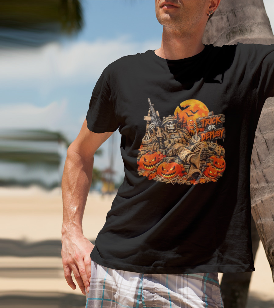 Trick Or Deploy Skeleton Soldier With Halloween Pumpkins And Rifle T-Shirt