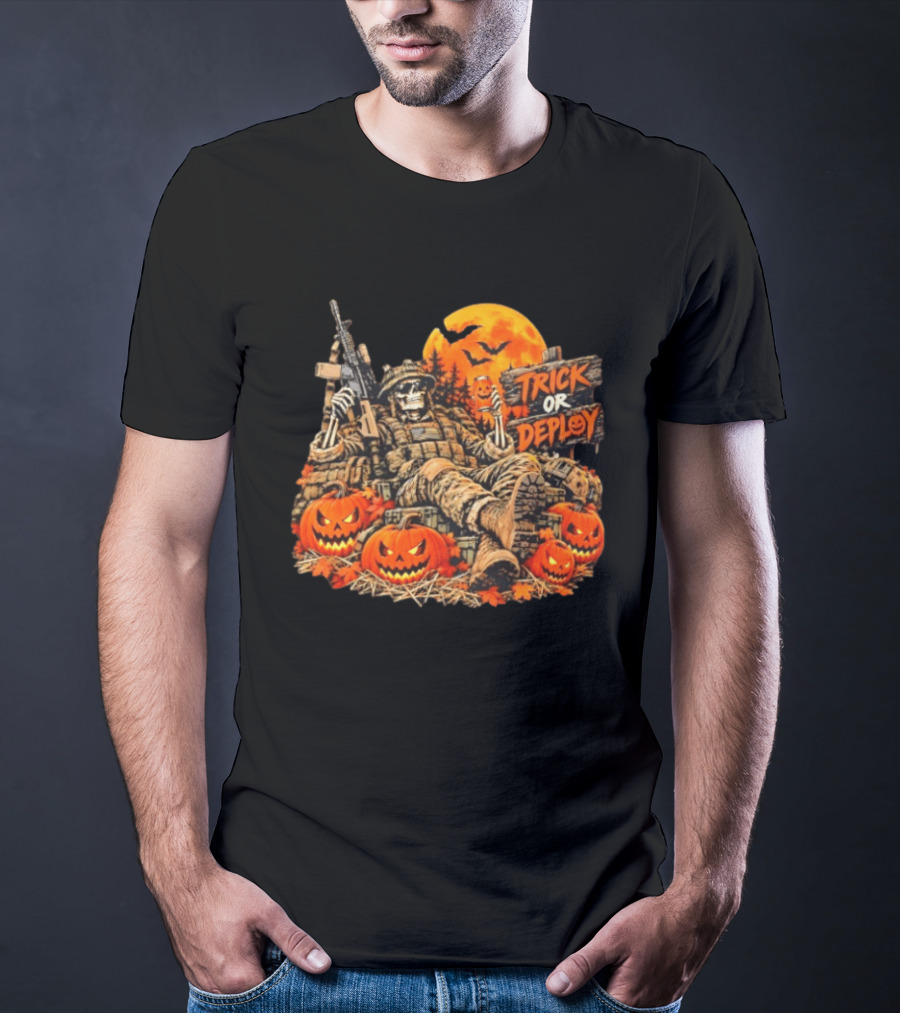 Trick Or Deploy Skeleton Soldier With Halloween Pumpkins And Rifle T-Shirt
