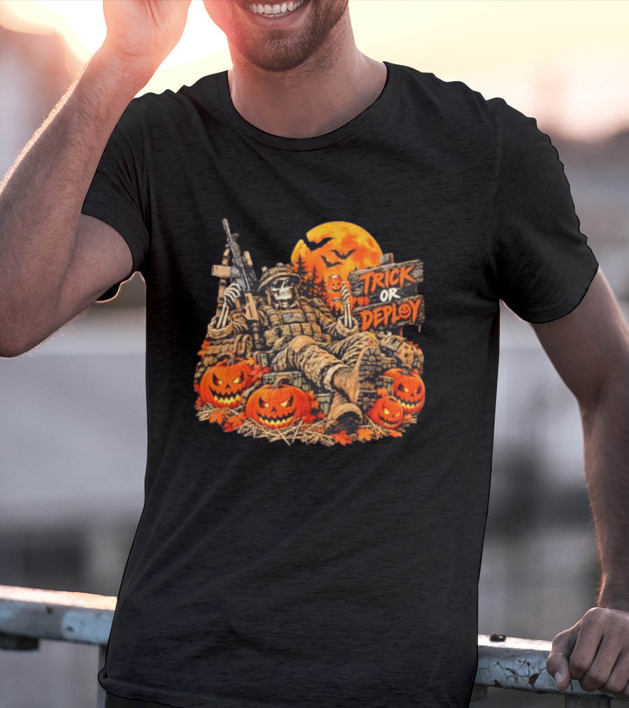 Trick Or Deploy Skeleton Soldier With Halloween Pumpkins And Rifle T-Shirt