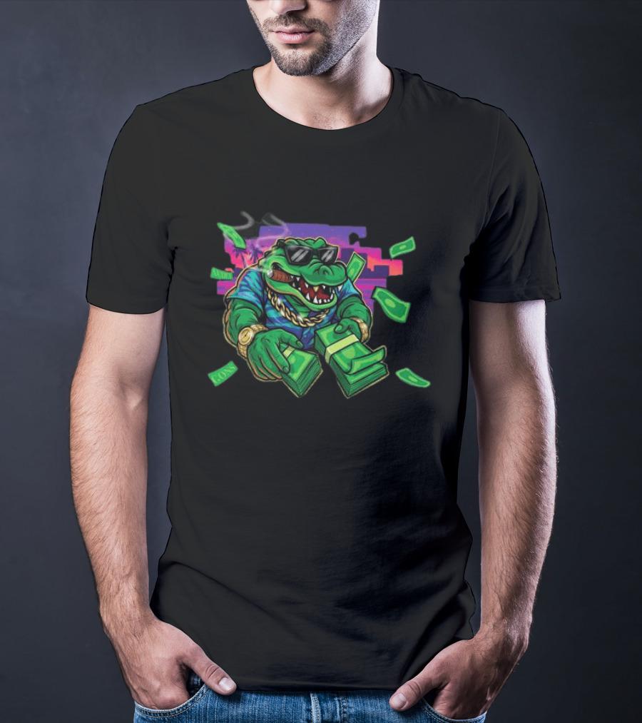 The Wynwood Walls Store Gons Audet Vice City Stylish Cigar Smoking Alligator With Sunglasses And Money T-Shirt