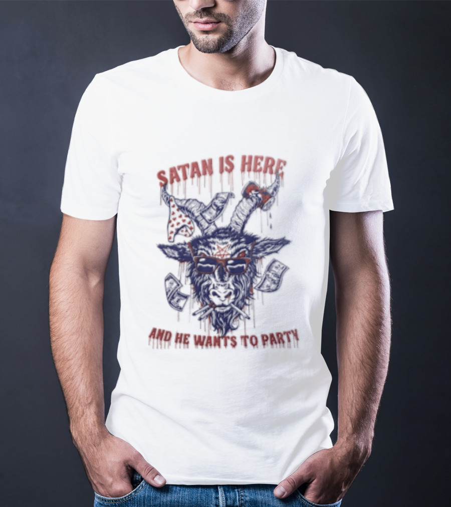 Satan Is Here And He Wants To Party Dripping Evil Goat Mask T-Shirt