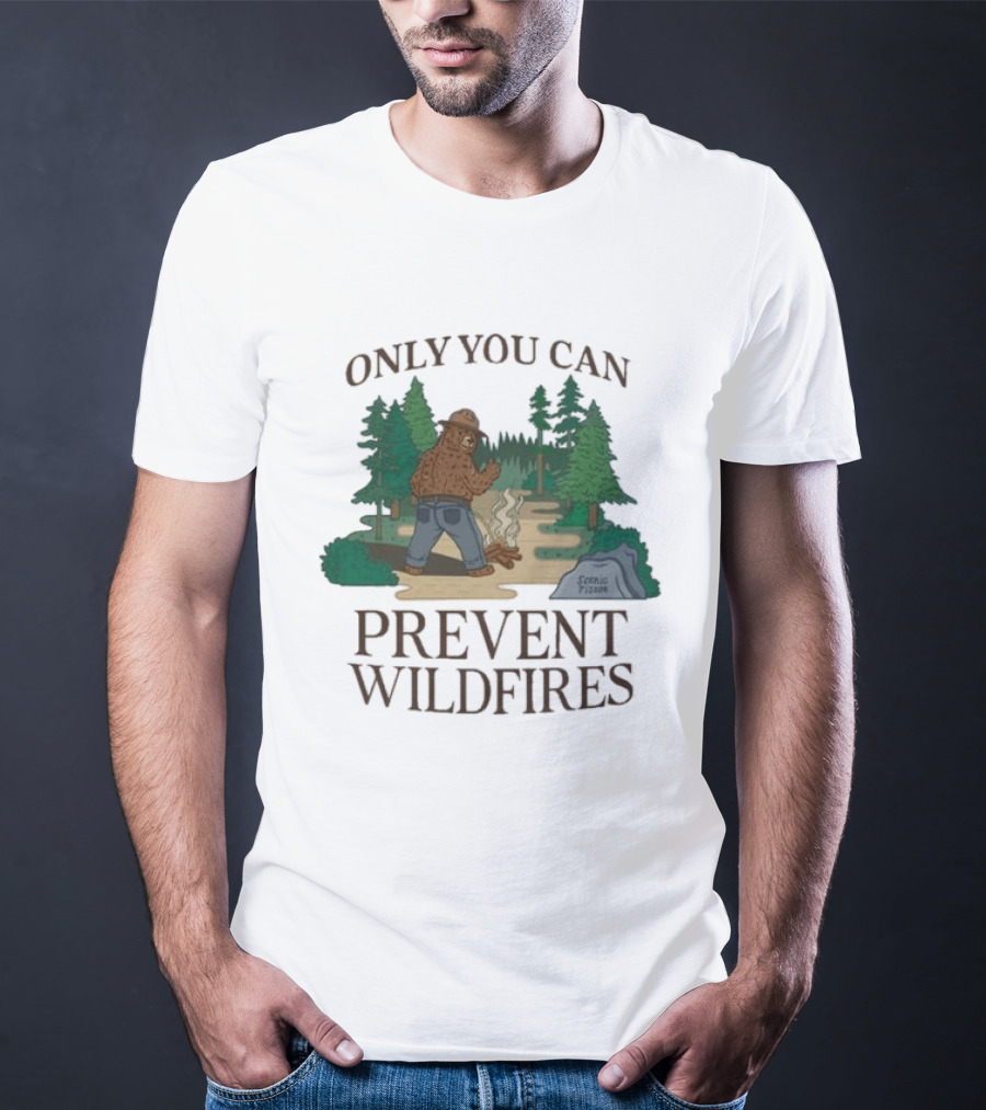 Smokey Bear Only You Can Prevent Wildfires Scenic Forest Scene T-Shirt