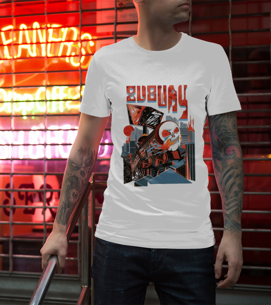 Subway Goes To Hell Skull Train Surreal Cityscape T-Shirt