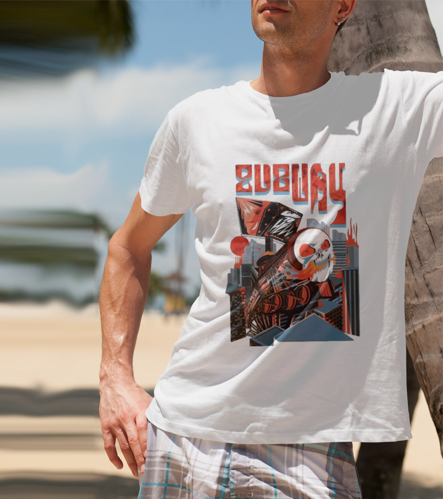 Subway Goes To Hell Skull Train Surreal Cityscape T-Shirt