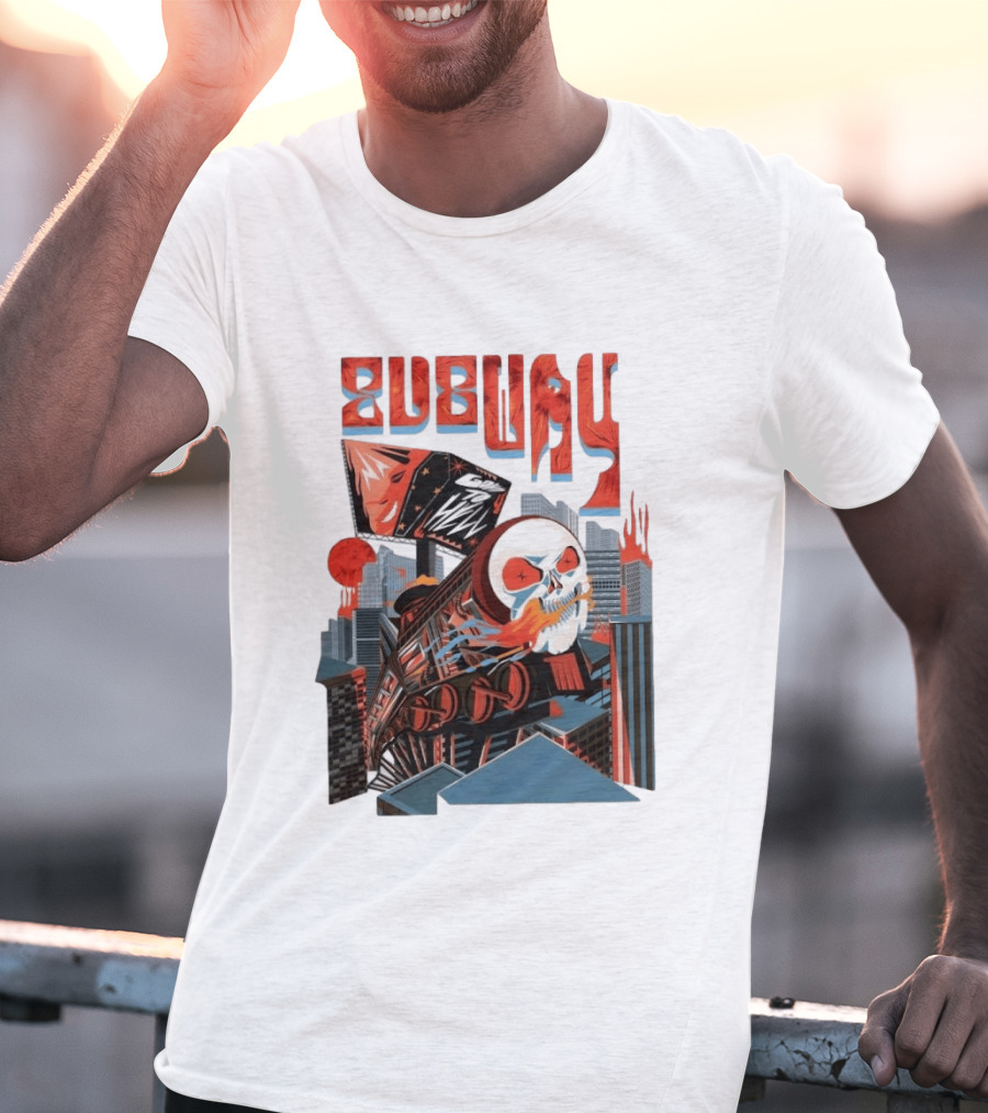 Subway Goes To Hell Skull Train Surreal Cityscape T-Shirt