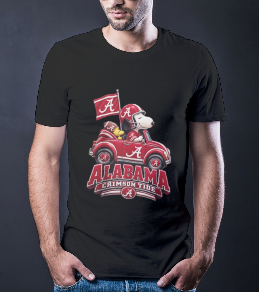 Alabama Crimson Tide Snoopy And Woodstock Driving Red Car T-Shirt