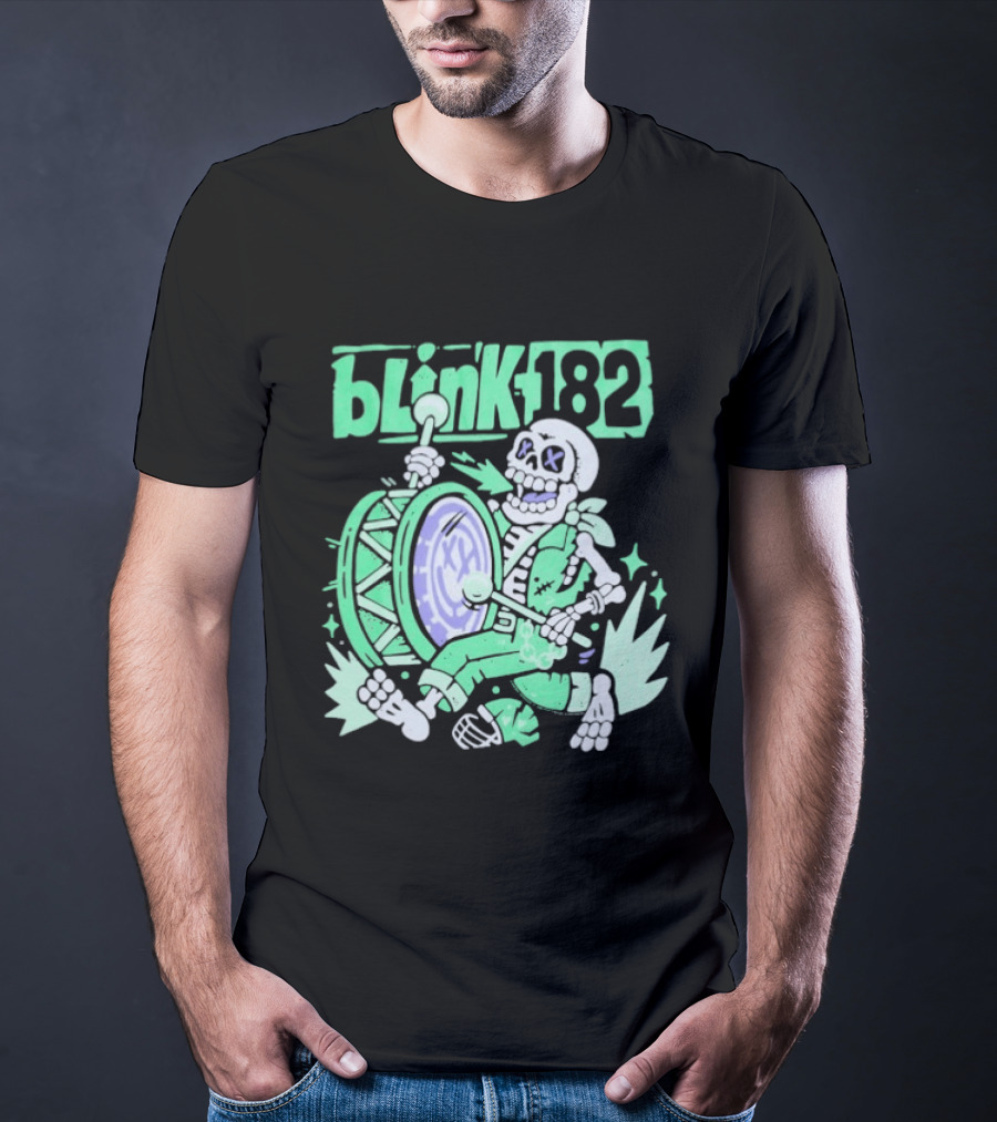 Blink 182 Skeleton Drum Art With Playful Percussion T-Shirt