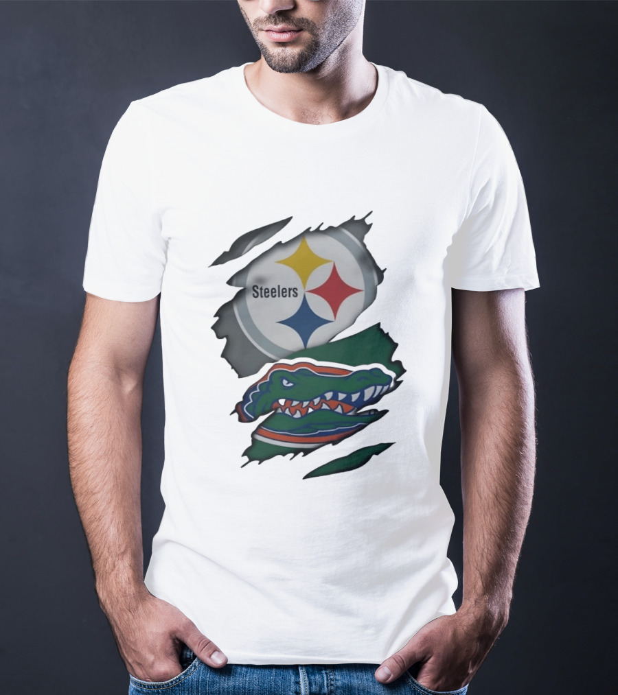 Pittsburgh Steelers Florida Gators Ripped Skin Effect Logos T-Shirt