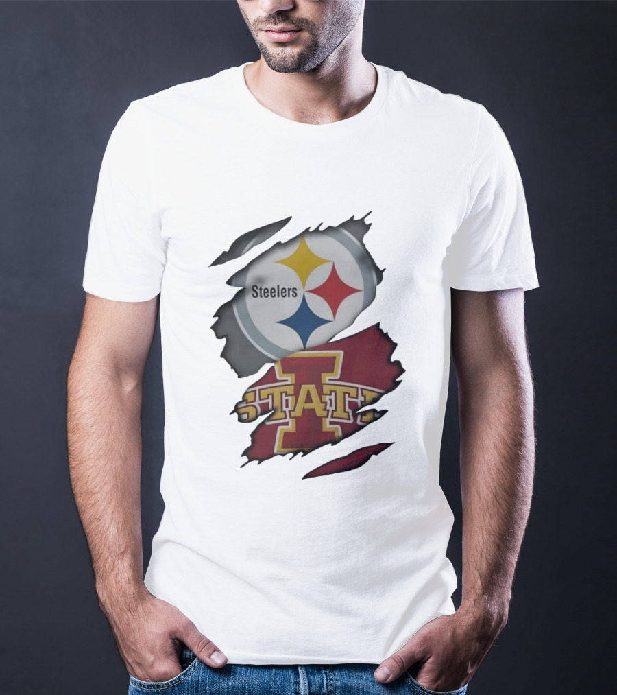 Pittsburgh Steelers Iowa State Cyclones Ripped Fabric Football Fandom Fusion T-Shirt