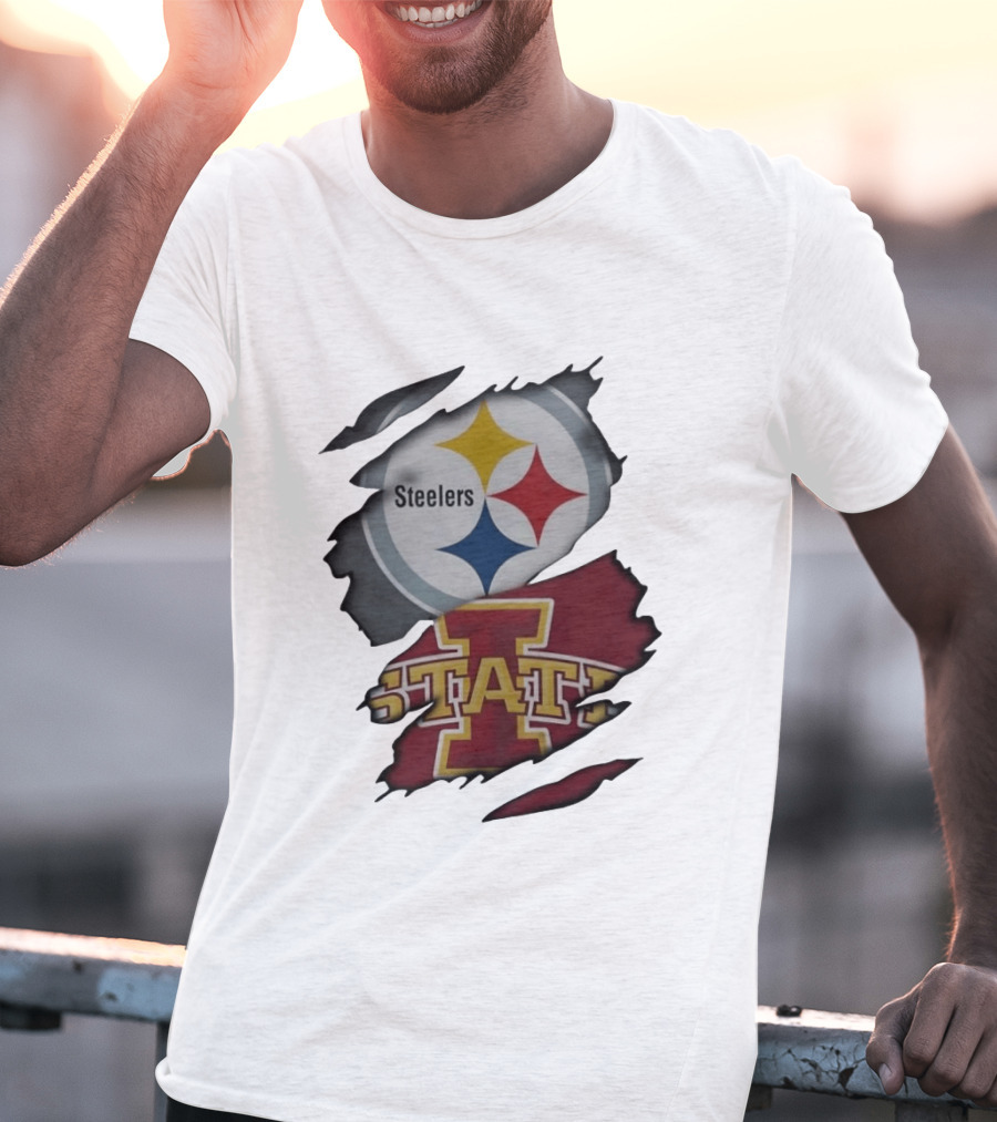 Pittsburgh Steelers Iowa State Cyclones Ripped Fabric Football Fandom Fusion T-Shirt