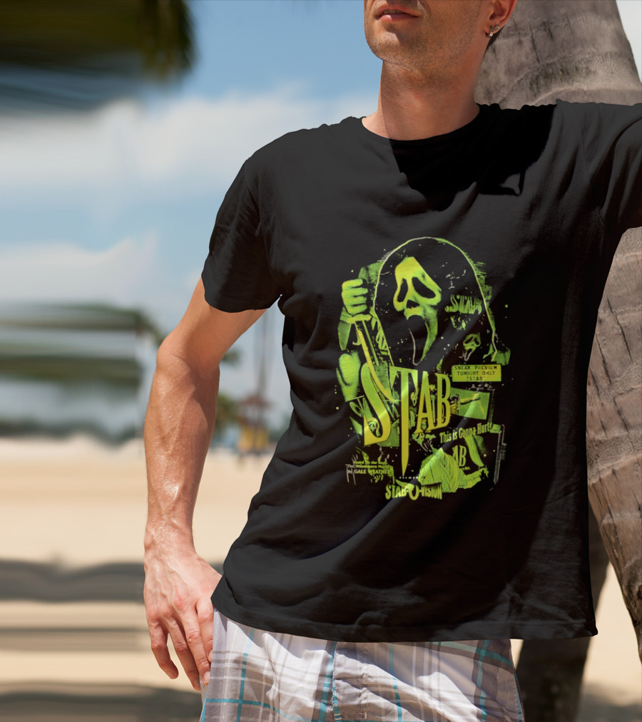 Ghostface Stab O Vision Horror Movie Mask Knife Graphic Neon T-Shirt