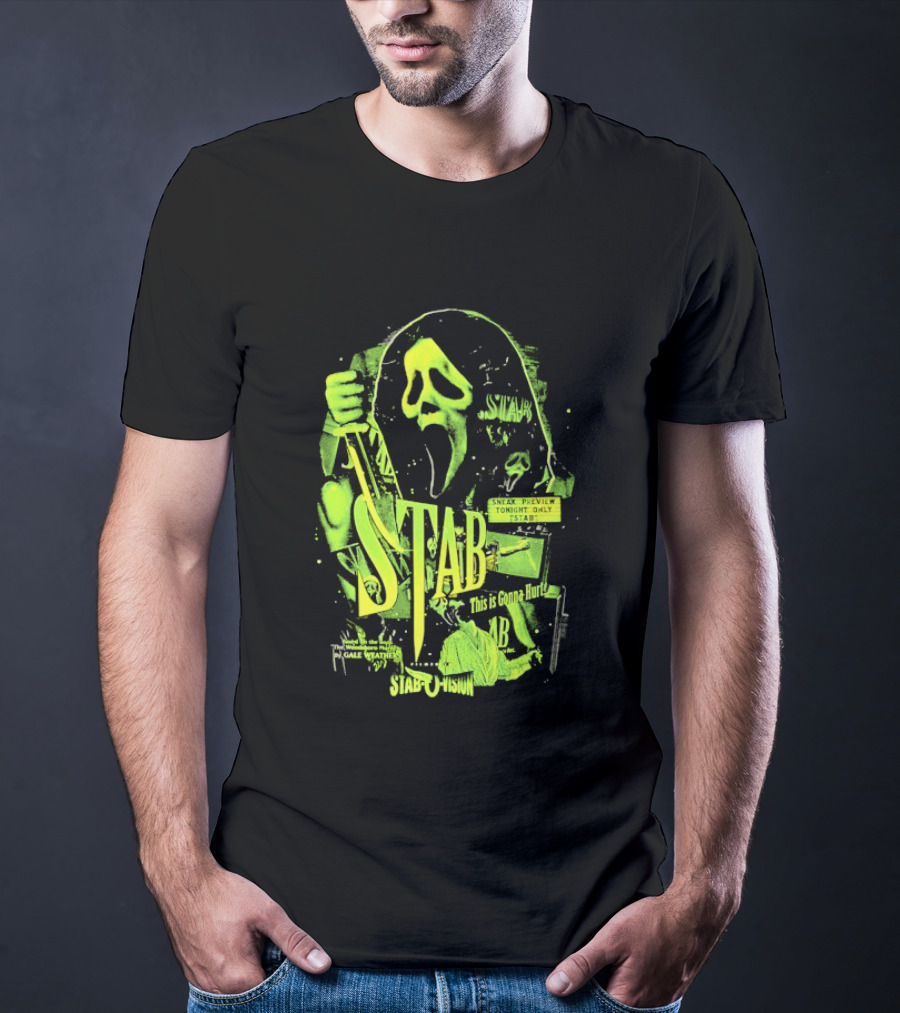 Ghostface Stab O Vision Horror Movie Mask Knife Graphic Neon T-Shirt