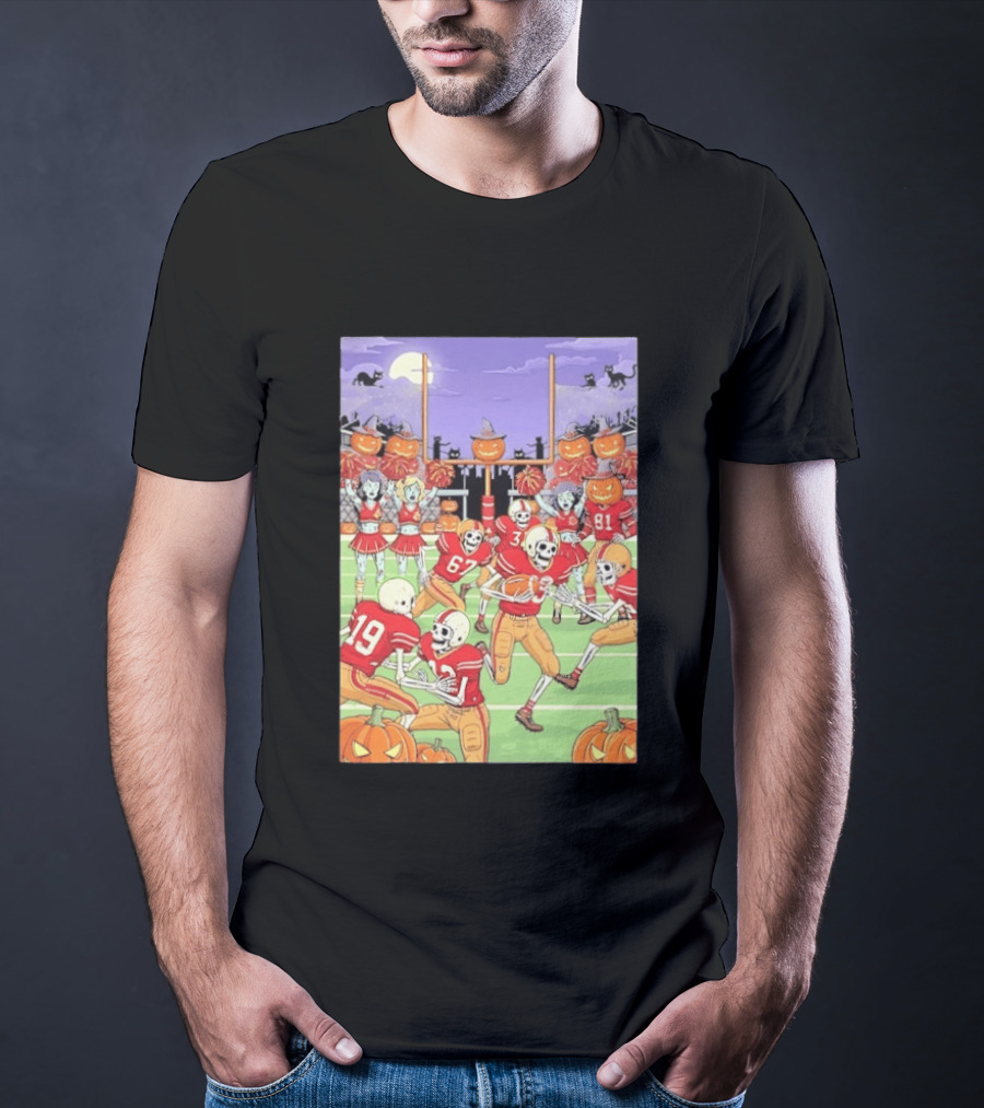San Francisco 49ers Skeleton Football Halloween Pumpkin Cheerleaders Moon Cats T-Shirt