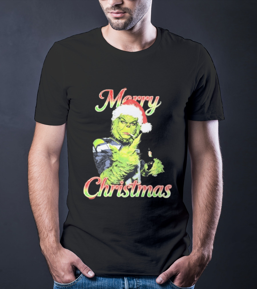 Merry Christmas Seattle Seahawks Grinch Beer Middle Finger T-Shirt