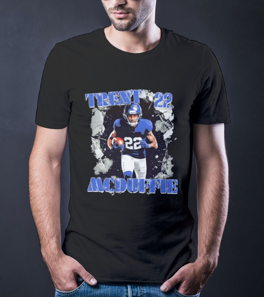 Trent McDuffie 22 Blue Football Player Action Los Angeles Rams Crush T-Shirt