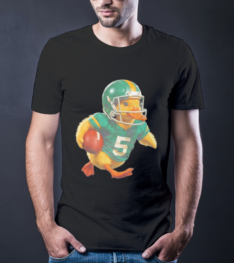 Yellow Duck Number 5 In Green Football Jersey With Helmet And Ball T-Shirt