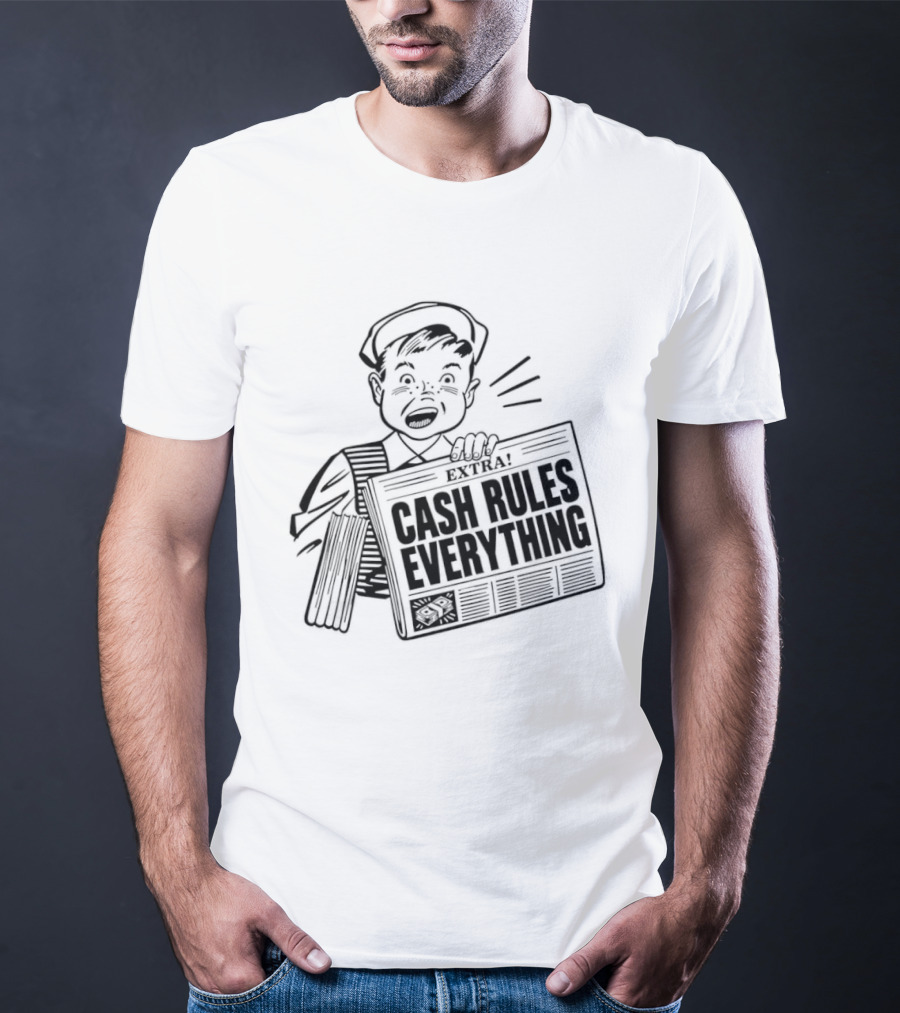 Cash Rules Everything Newspaper Boy Vintage Style Drawing T-Shirt