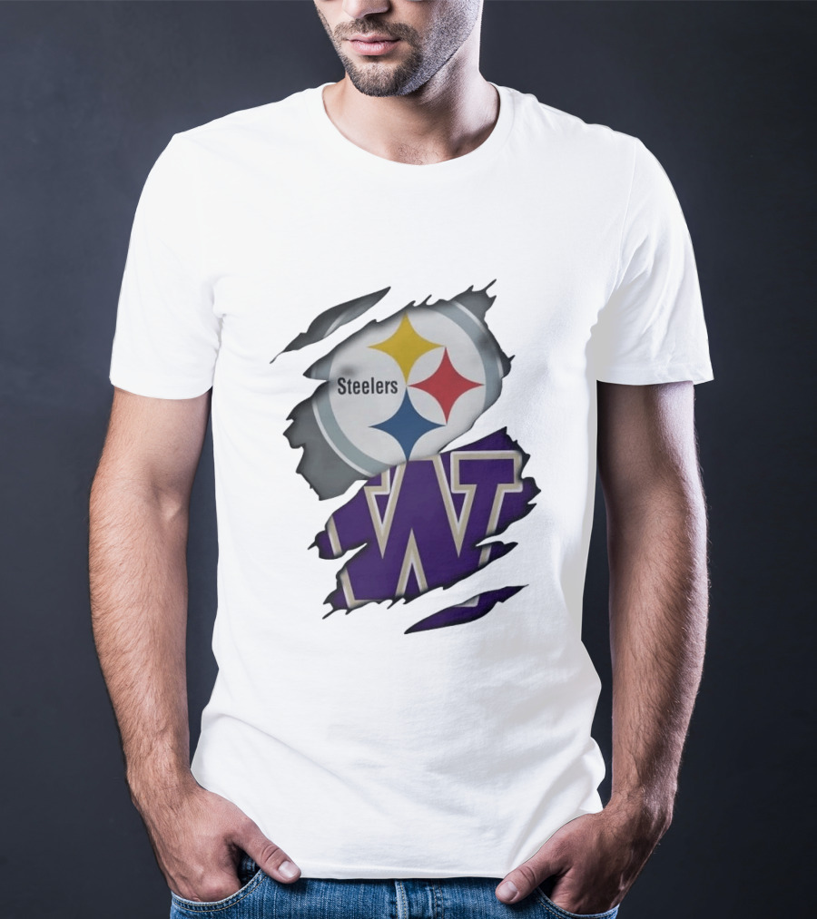 Pittsburgh Steelers Washington Huskies Ripped Logo Collaboration T-Shirt