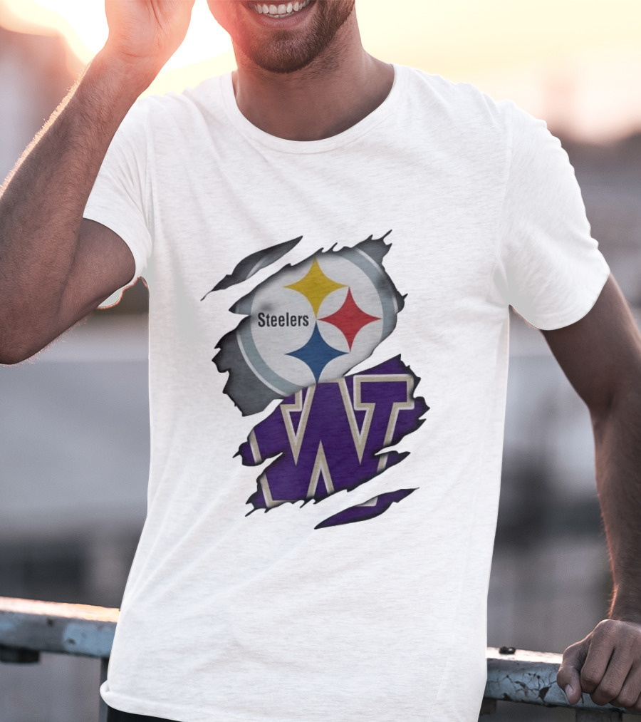 Pittsburgh Steelers Washington Huskies Ripped Logo Collaboration T-Shirt