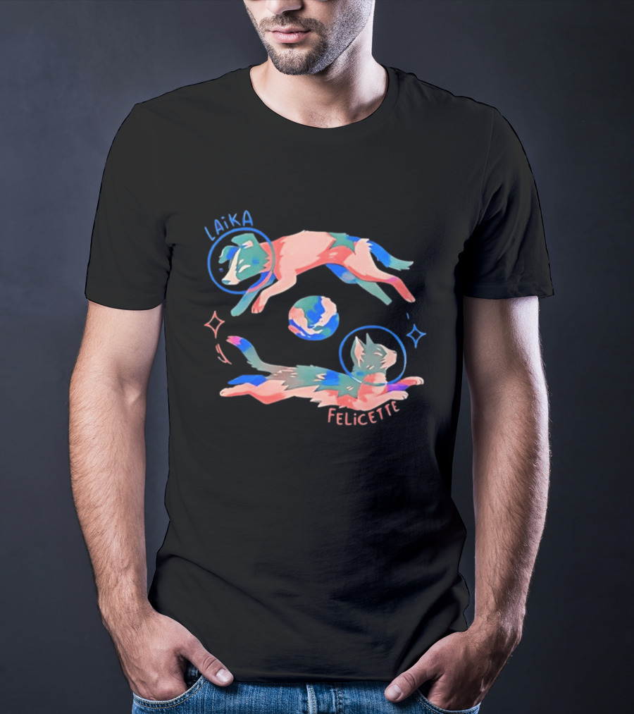 Felicette Cat And Laika Dog Celestial Orbit With Earth And Stars T-Shirt