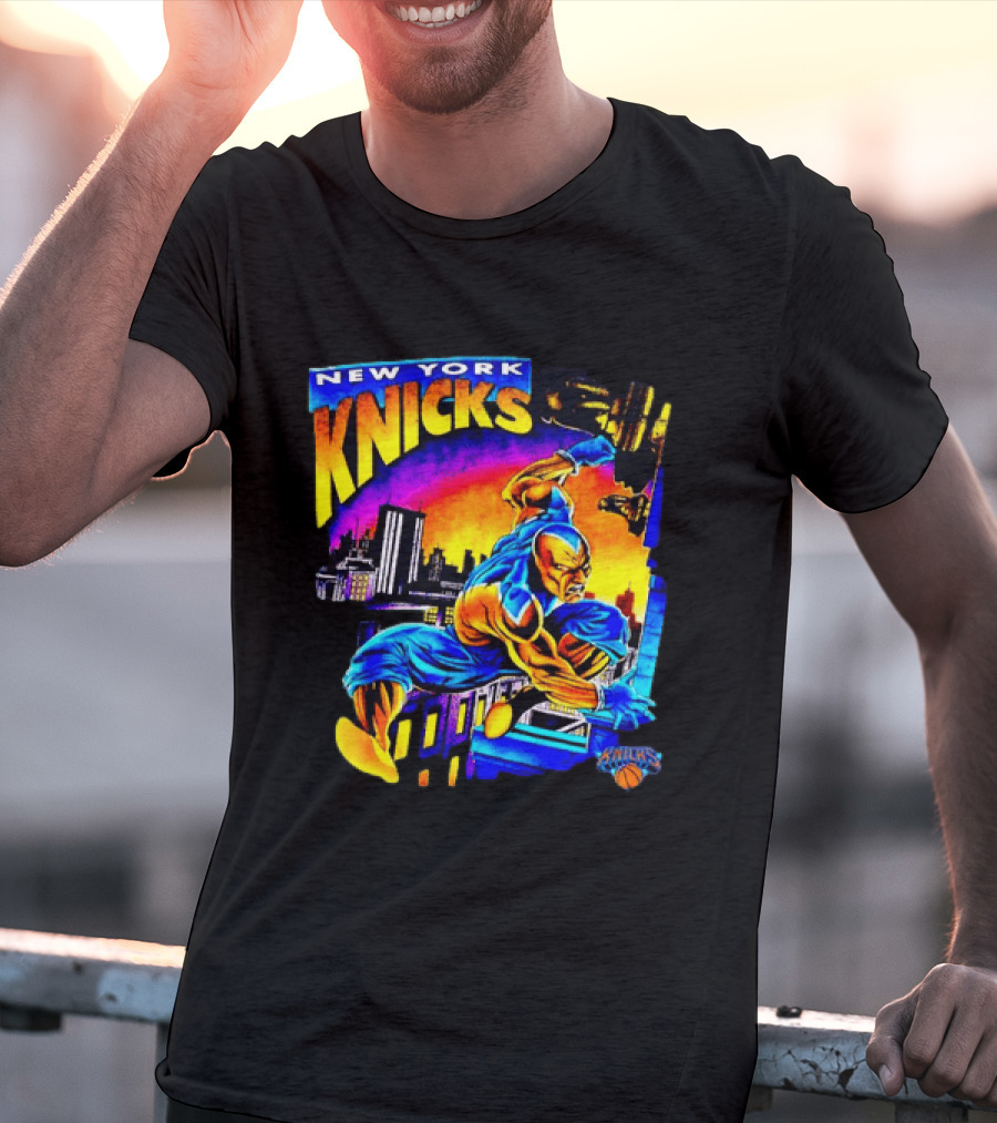 New York Knicks Superhero Action Skyline Scene T-Shirt