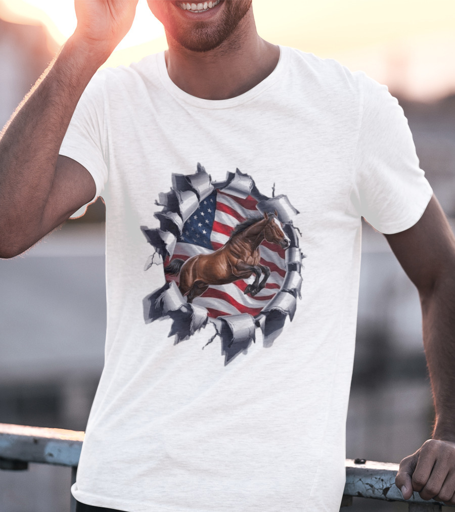 Escaping Horse With American Flag Background 3D Effect T-Shirt
