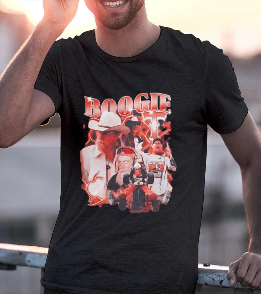 Boogie Get Faced Cowboy Hat Guitar Racing Collage T-Shirt