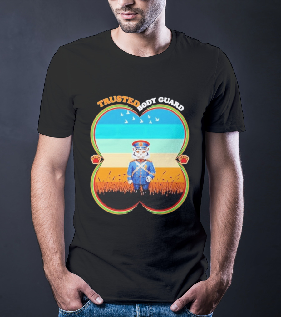 Trusted Body Guard Cat In Uniform With Sunset And Bird T-Shirt
