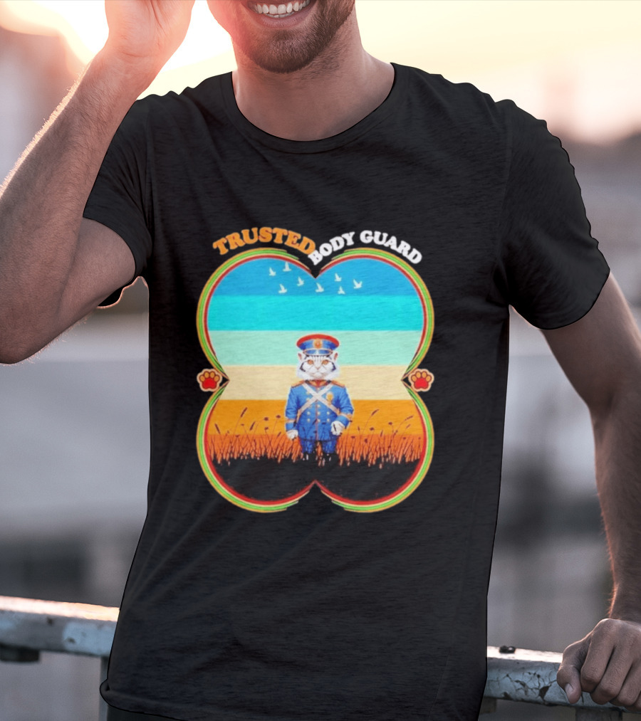 Trusted Body Guard Cat In Uniform With Sunset And Bird T-Shirt